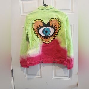 Neon Green & Pink Tie-Dye Denim Jacket with Sequin Heart Eye